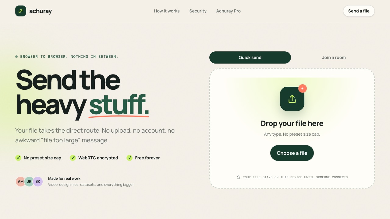 Achuray: Send Large Files with No Size Limit via Direct Browser WebRTC